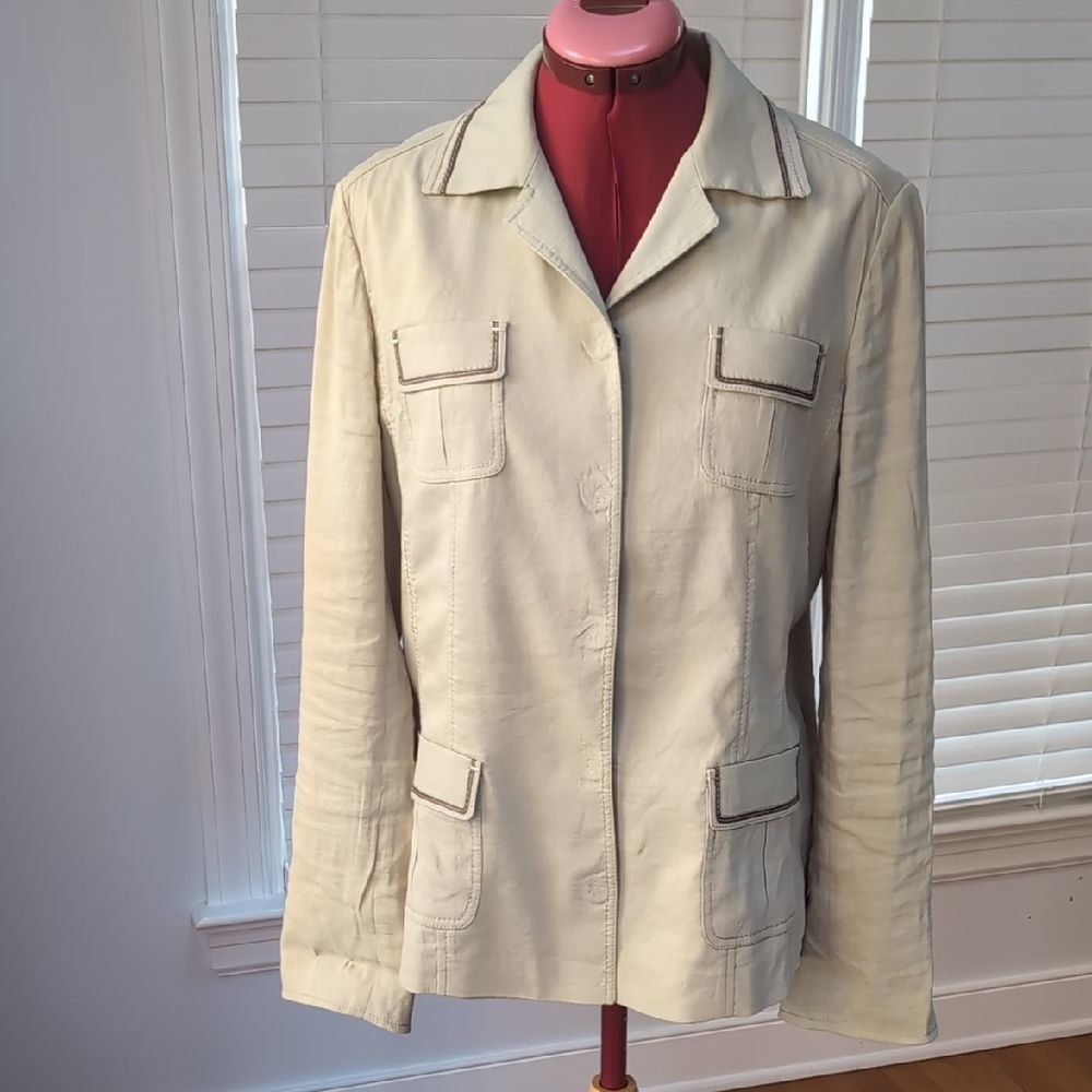 Elie Tahari vintage beige linen blend utility safari jacket minimalist workwear